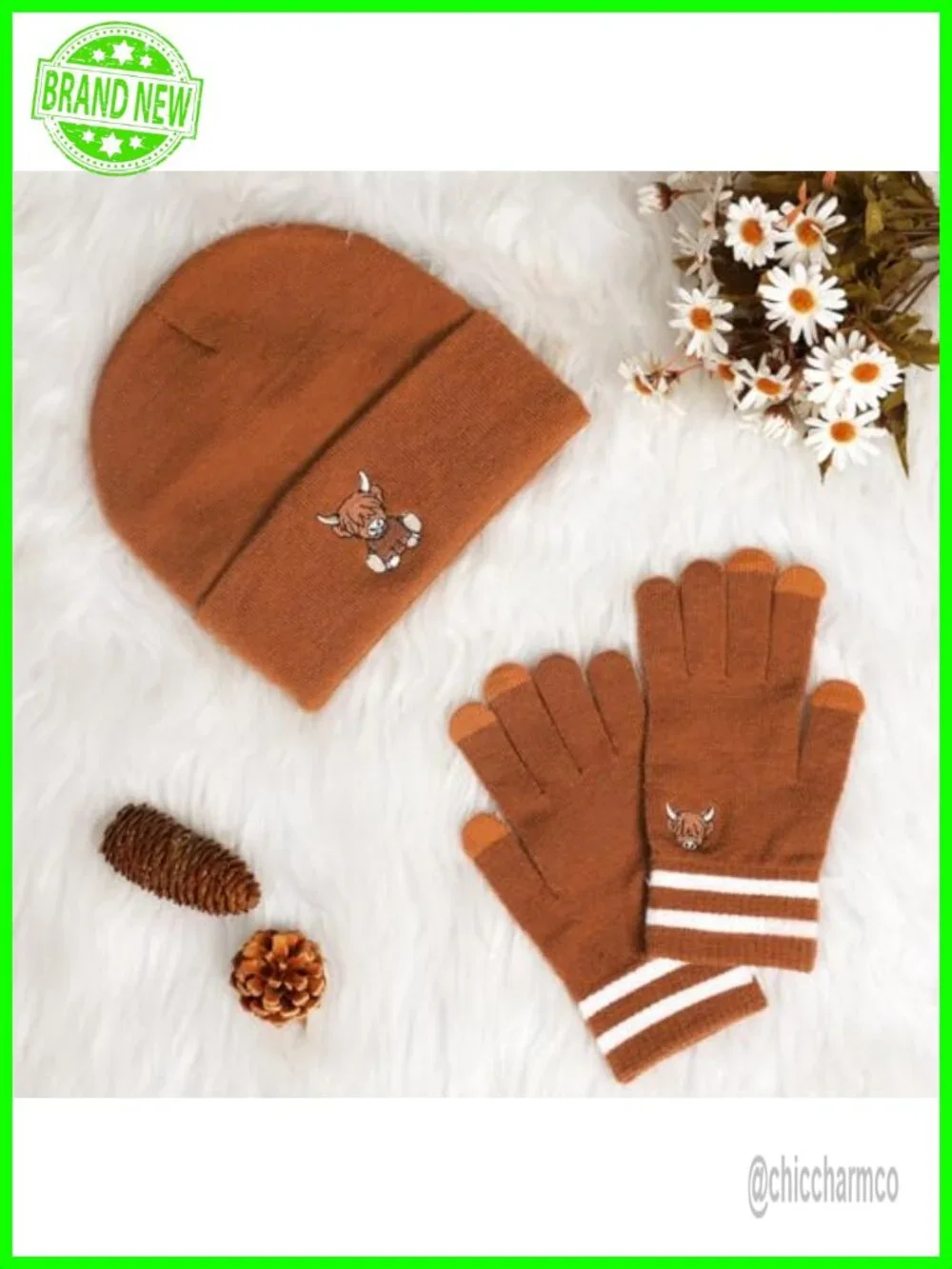 Women's Winter Knitted Highland Cow Beanie & Touchscreen Gloves Set
